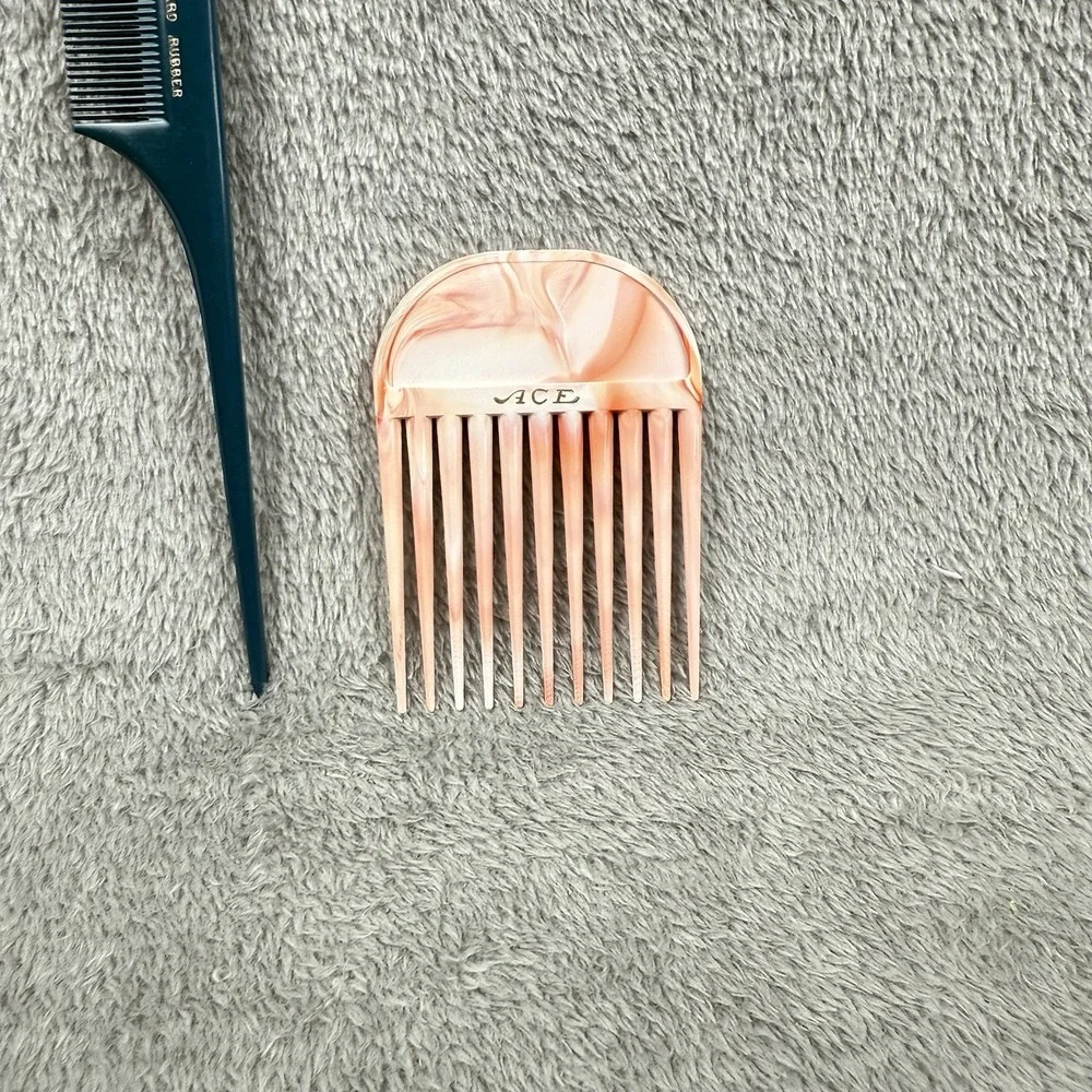 Vintage ACE Comb and Pick Set Retro Pink Marbled Lift Tail Comb MCM 60s 70s